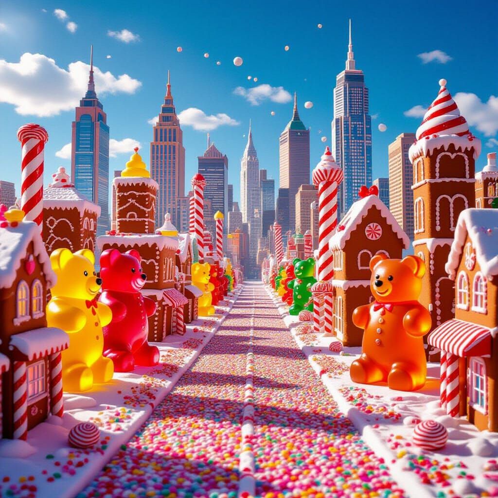 Candy City Skyline: Gummy Bears & Gingerbread Buildings