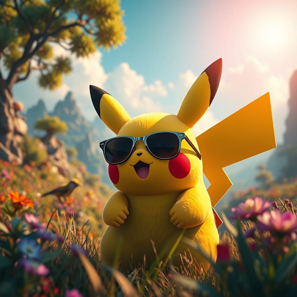 Vibrant Pikachu in a Fantastical Landscape