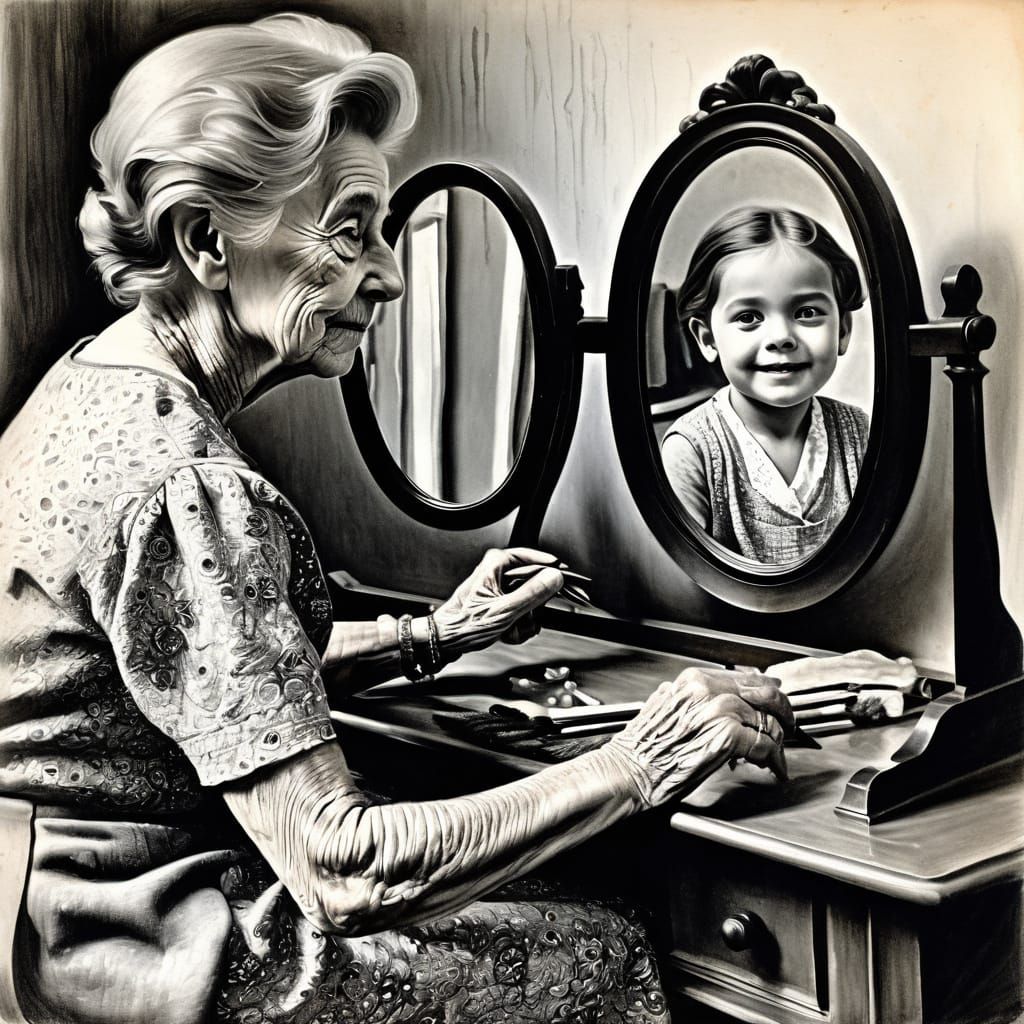 A Grandmother's Bittersweet Reflection in Vintage Charcoal