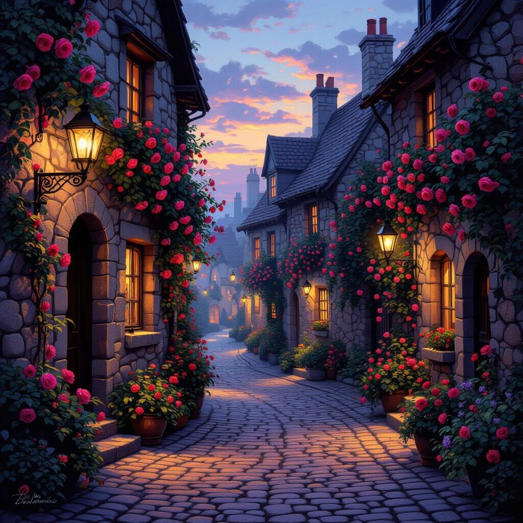 Twilight Alley with Roses, Impressionistic Style