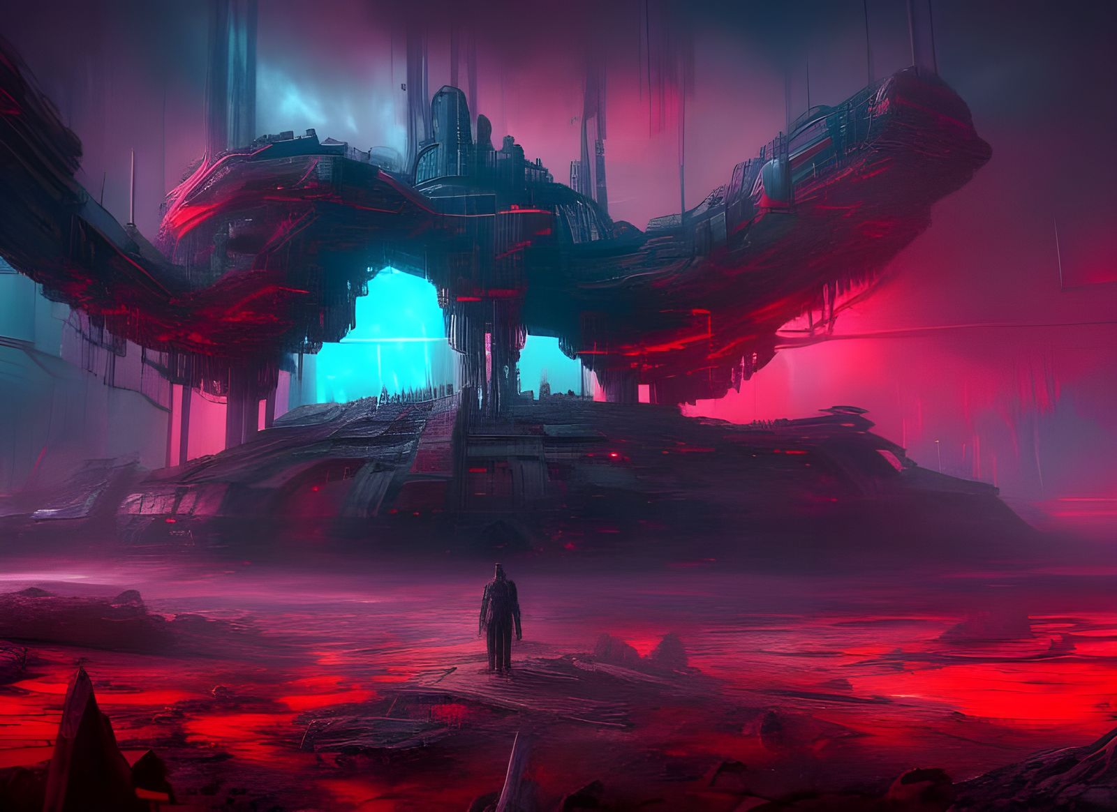 Dystopian Sci-Fi Background in Vibrant Triadic Colors
