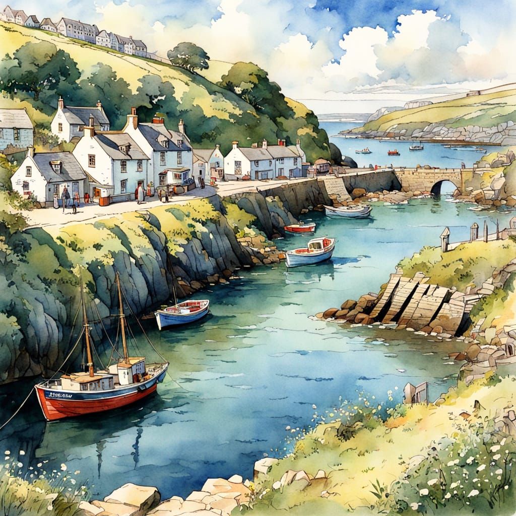 Dreamy Cornwall Harbour Watercolour Illustration in Brambley...