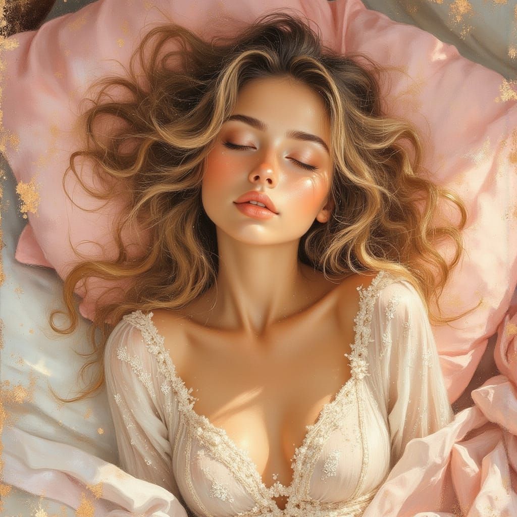 Beautiful Woman in Serene Portrait with Art Nouveau Flair