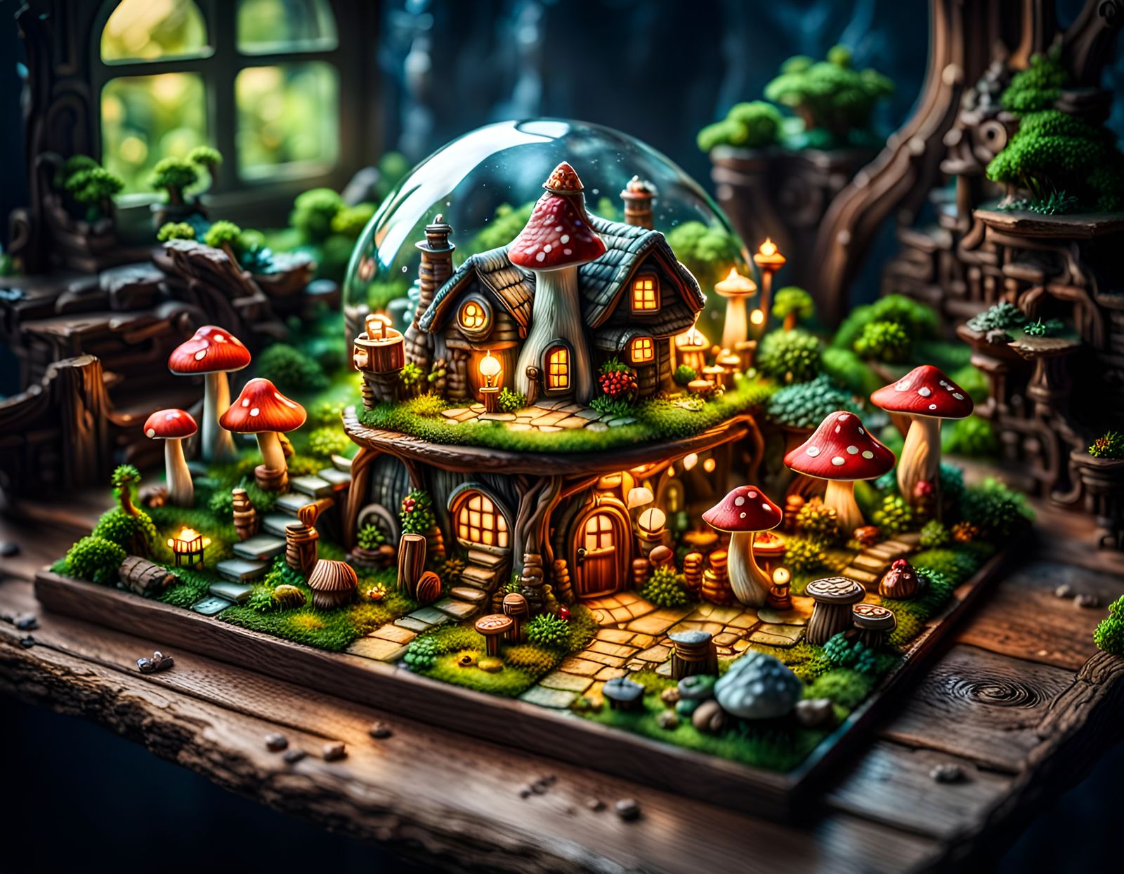 Fantasy Mushroom Village Diorama in Board Game Box