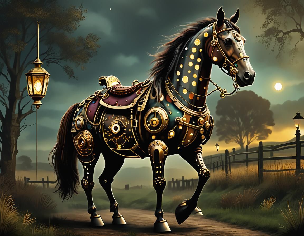 Steampunk Appaloosa Horse in Countryside Illustration