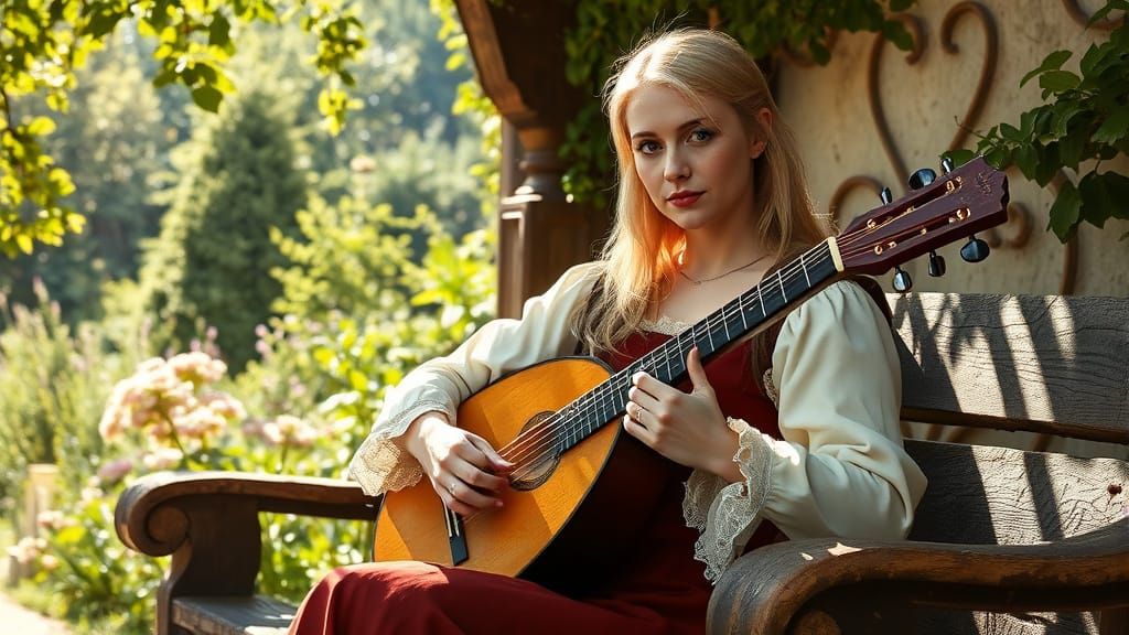 Tudor Woman Plays Lute in Garden Oil Painting