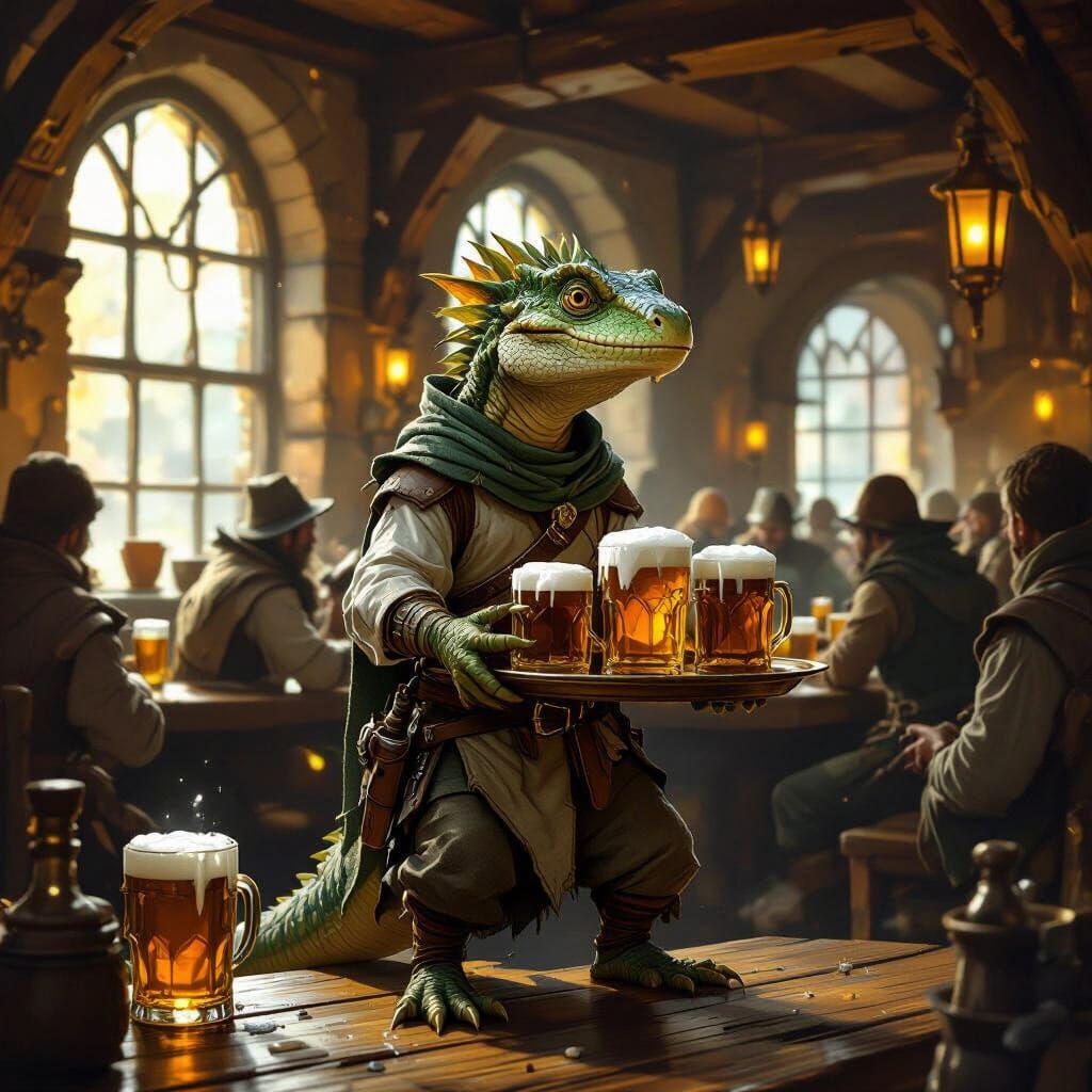 Reptilian Kobold Bartender in Bustling Medieval Tavern
