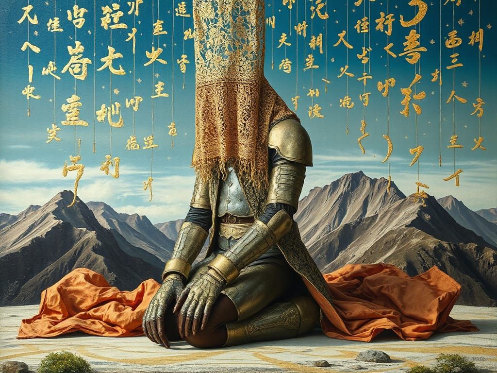 Armored Fabric Figure Under Calligraphy Sky