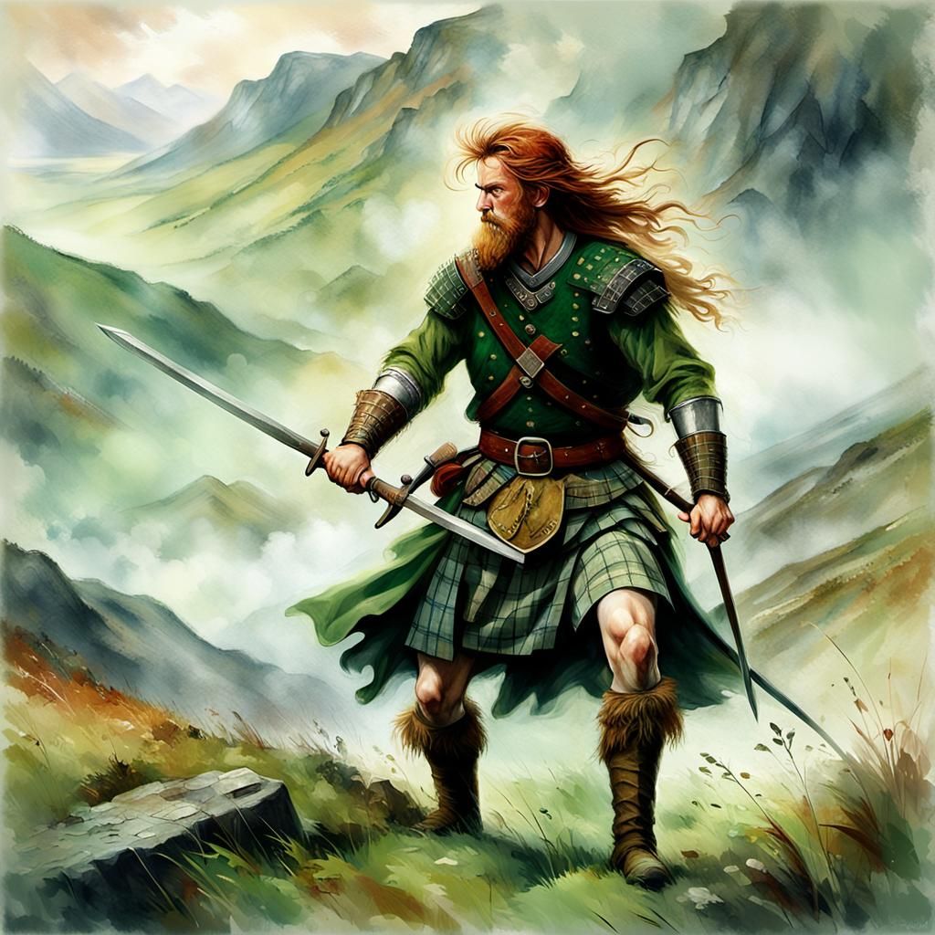 Highland Warrior with Claymore in Moody Scottish Landscape