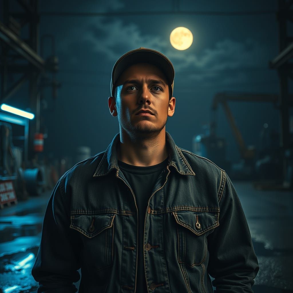 Noir Portrait in Industrial Moonlit Setting