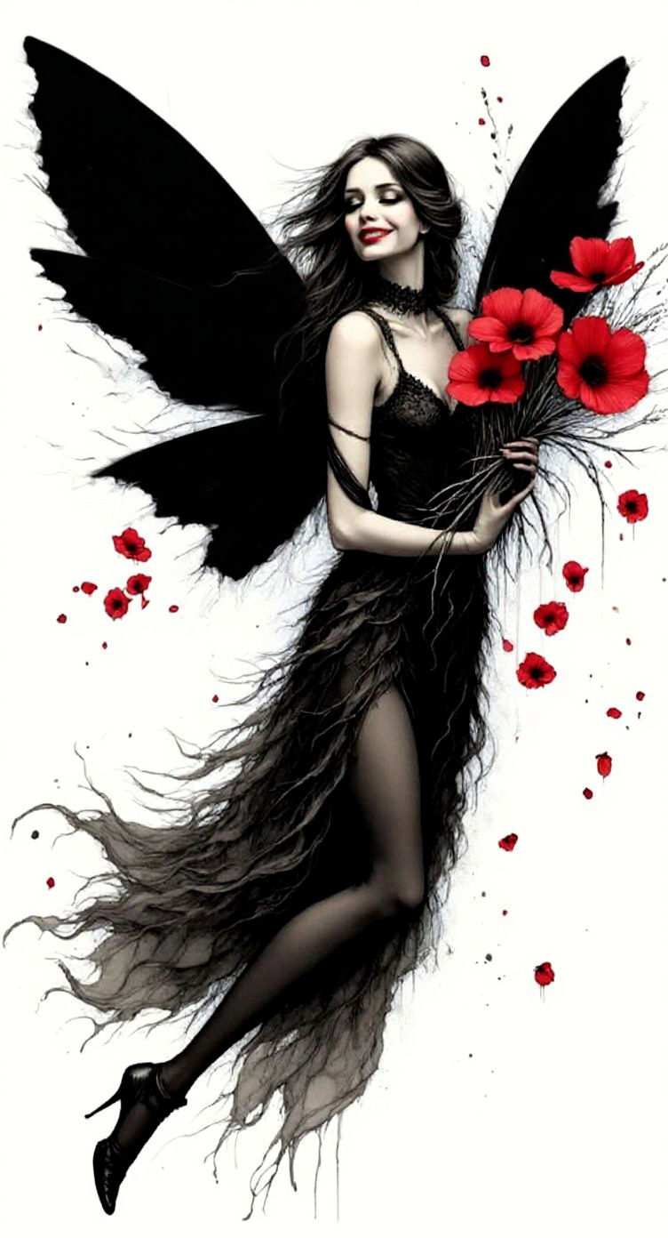 Monochromatic Death Fairy in Tattoo Art Style