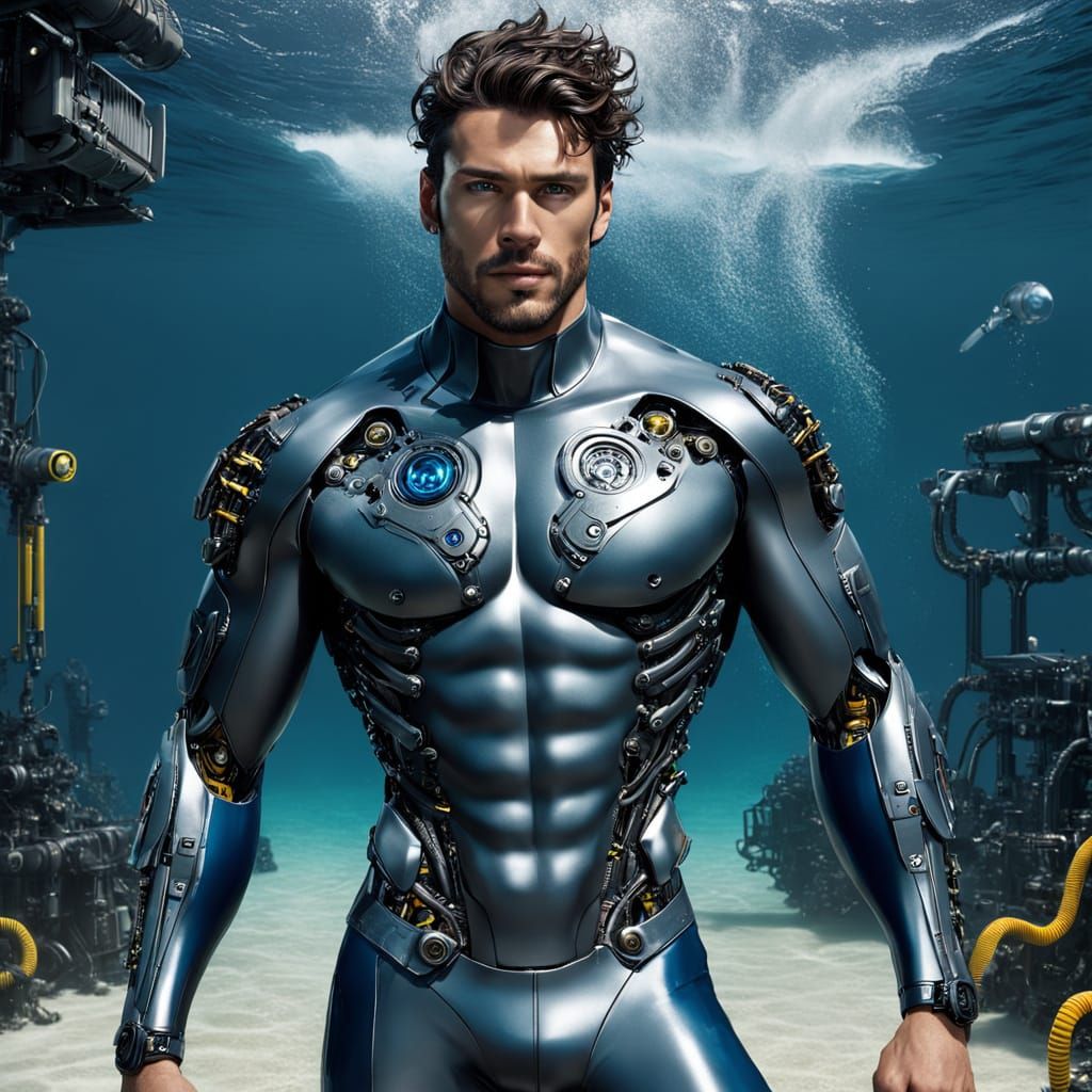 Biopunk Man Floating Under Deep Ocean Waters