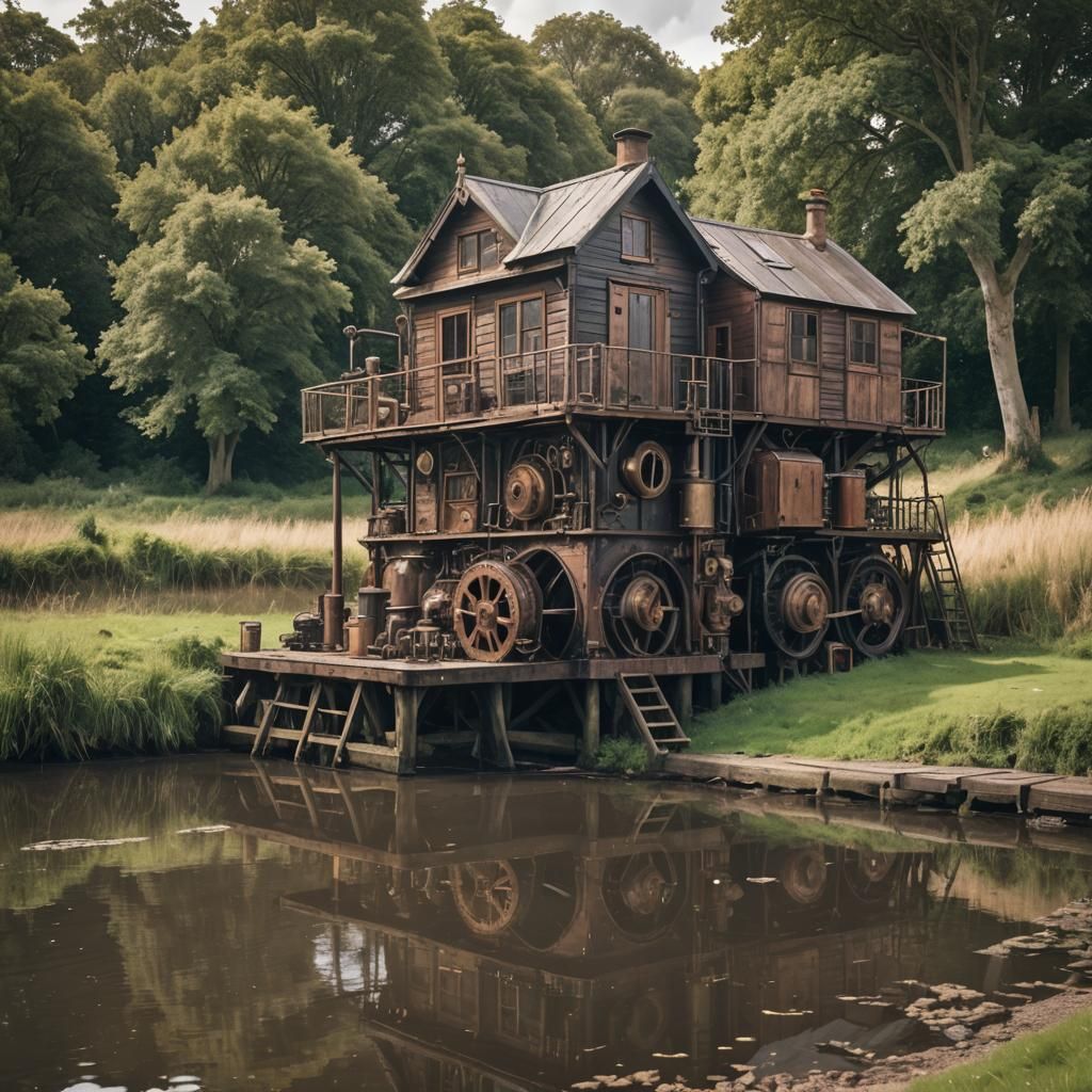 Steampunk Shack on River in Rural England