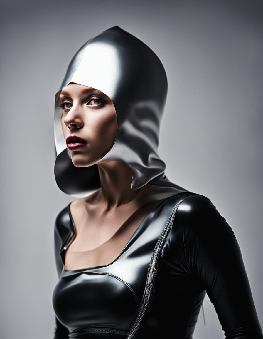 Redhead in Latex Cowl and Mask, Dramatic Lighting