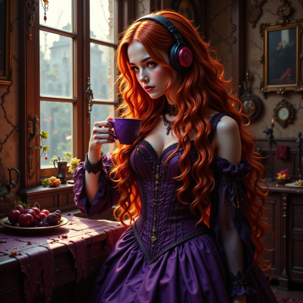 Red-Haired Maiden Sipping Cocoa, Photorealistic Style