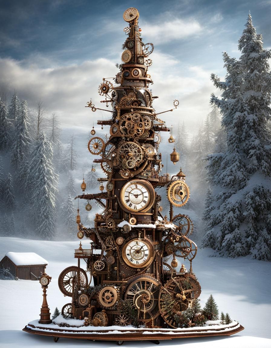 Steampunk Christmas Tree in Snowy Landscape