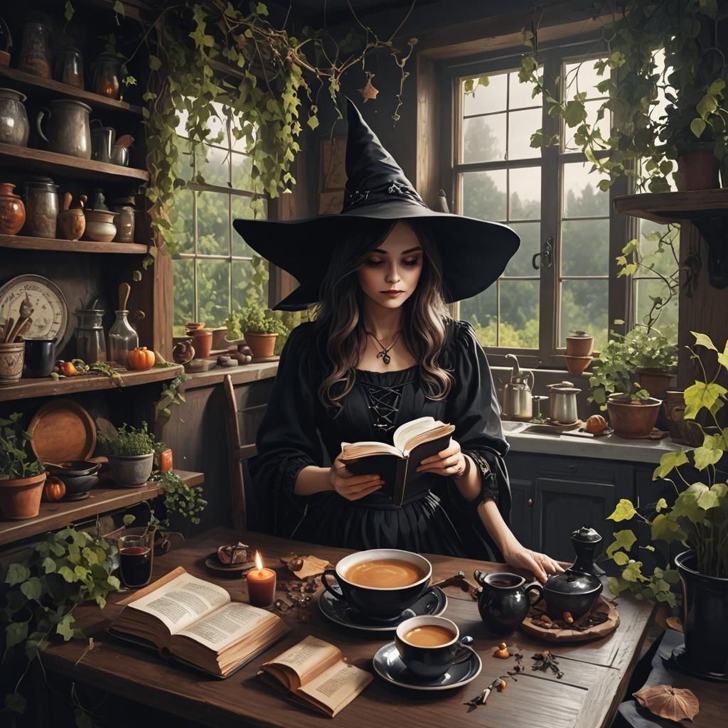 Cute Witch in black dress, witches hat, sitting at kitchen t...