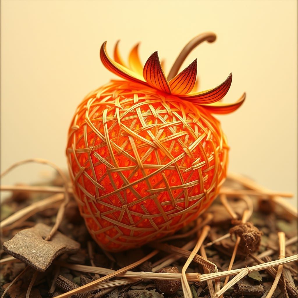 Woven Straw Strawberry Sculpture in Organic Style