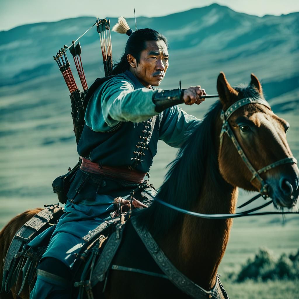 Mongolian Horse Archer in Battle: Cinematic Film Still