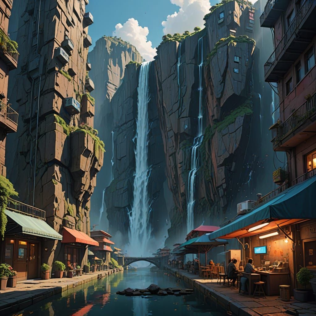 Futuristic City on Waterfall in Digital Matte Painting