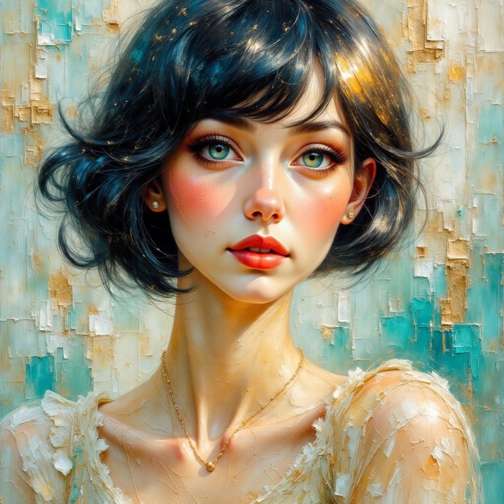 Vogue Model in Oil Painting with Filigree Details