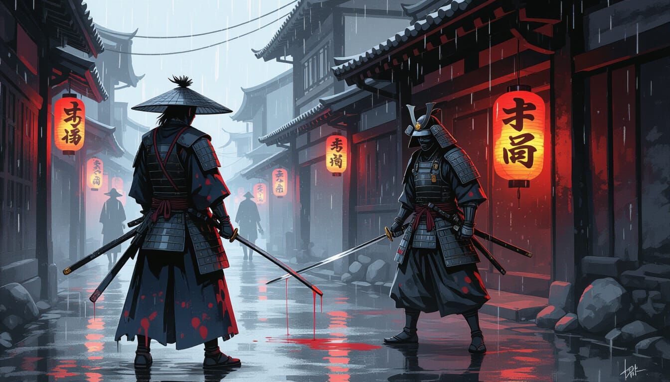 Samurai Face-Off in Rainy Alley with Alcohol Ink
