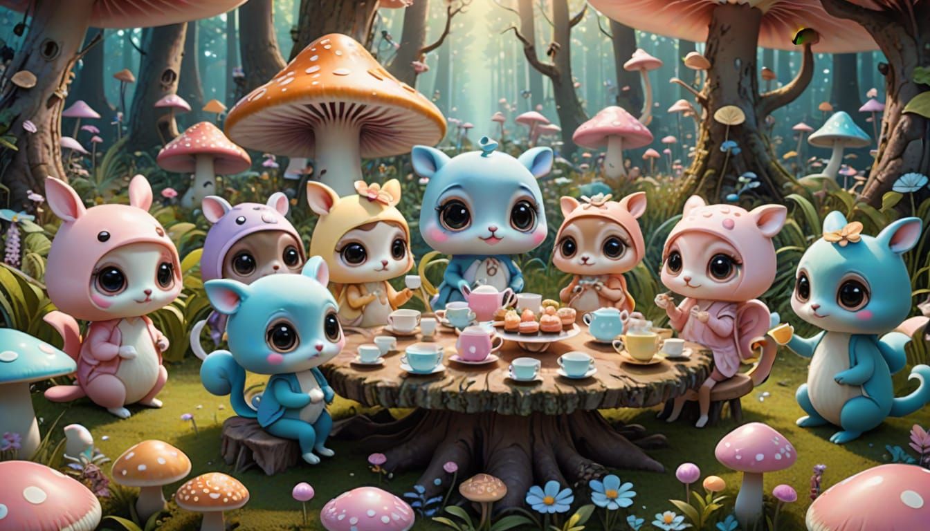 Cartoon Animals Tea Party in Mushroom Forest