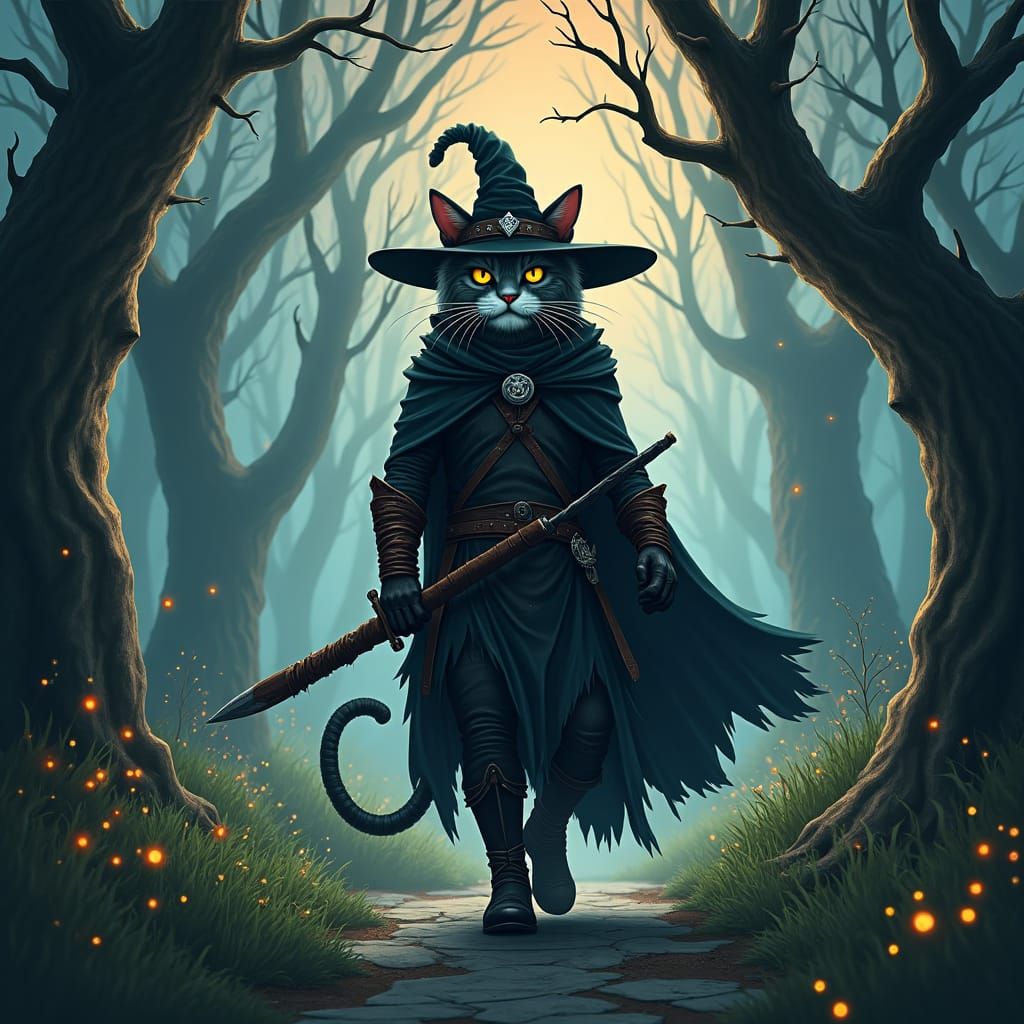 Feline Warrior Striding Through Mystical Forest