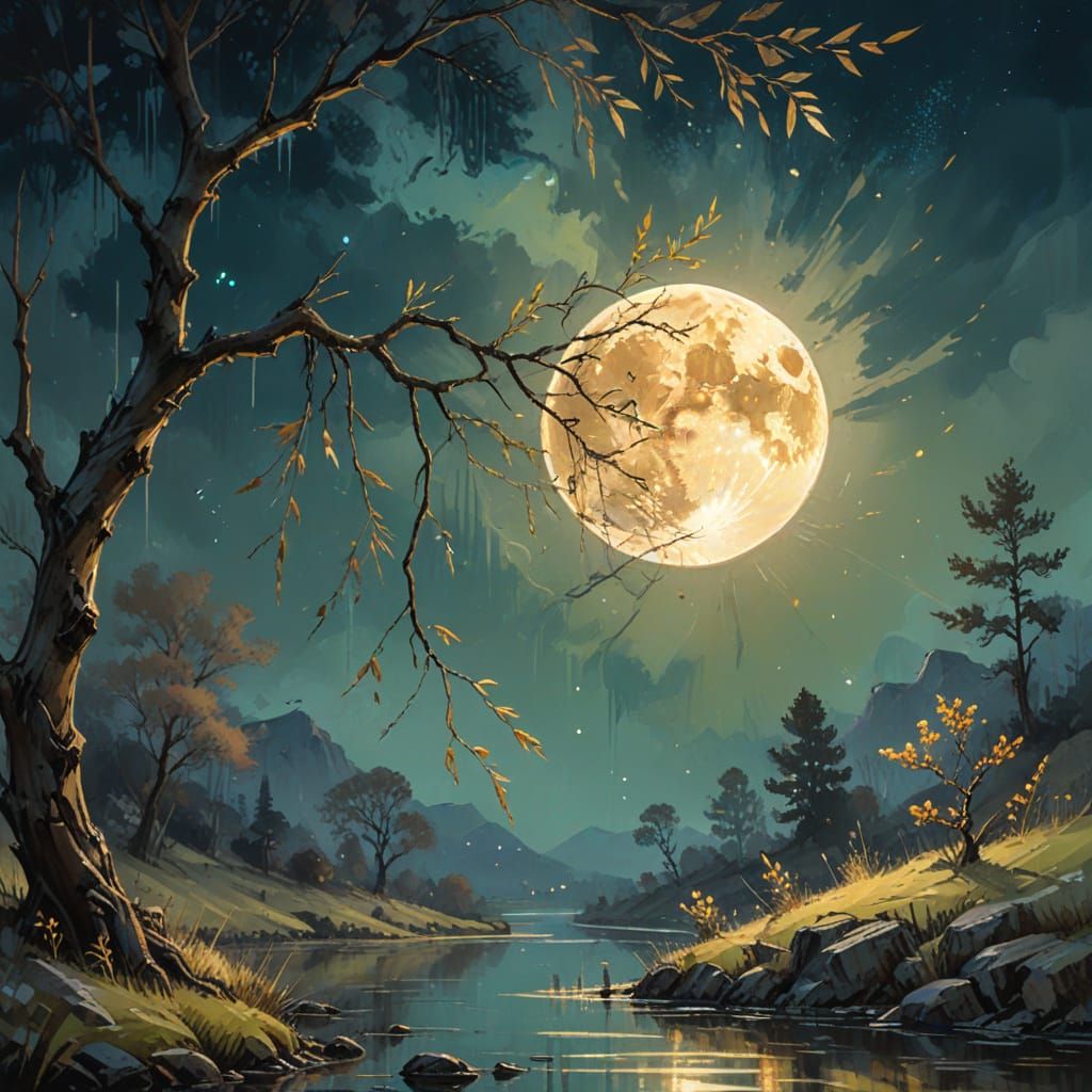Ethereal Moonlit Scene in Impressionistic Style