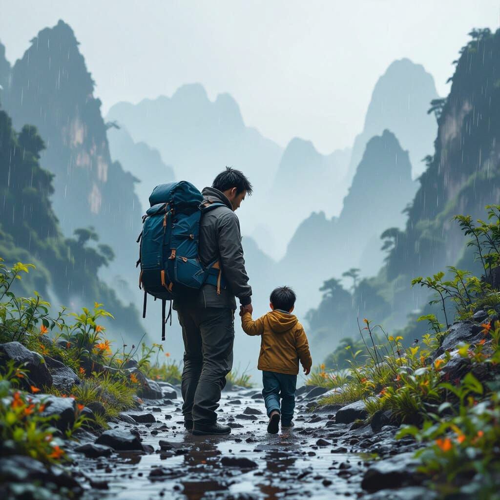 A chinese father carrying child who has hurt his foot while ...