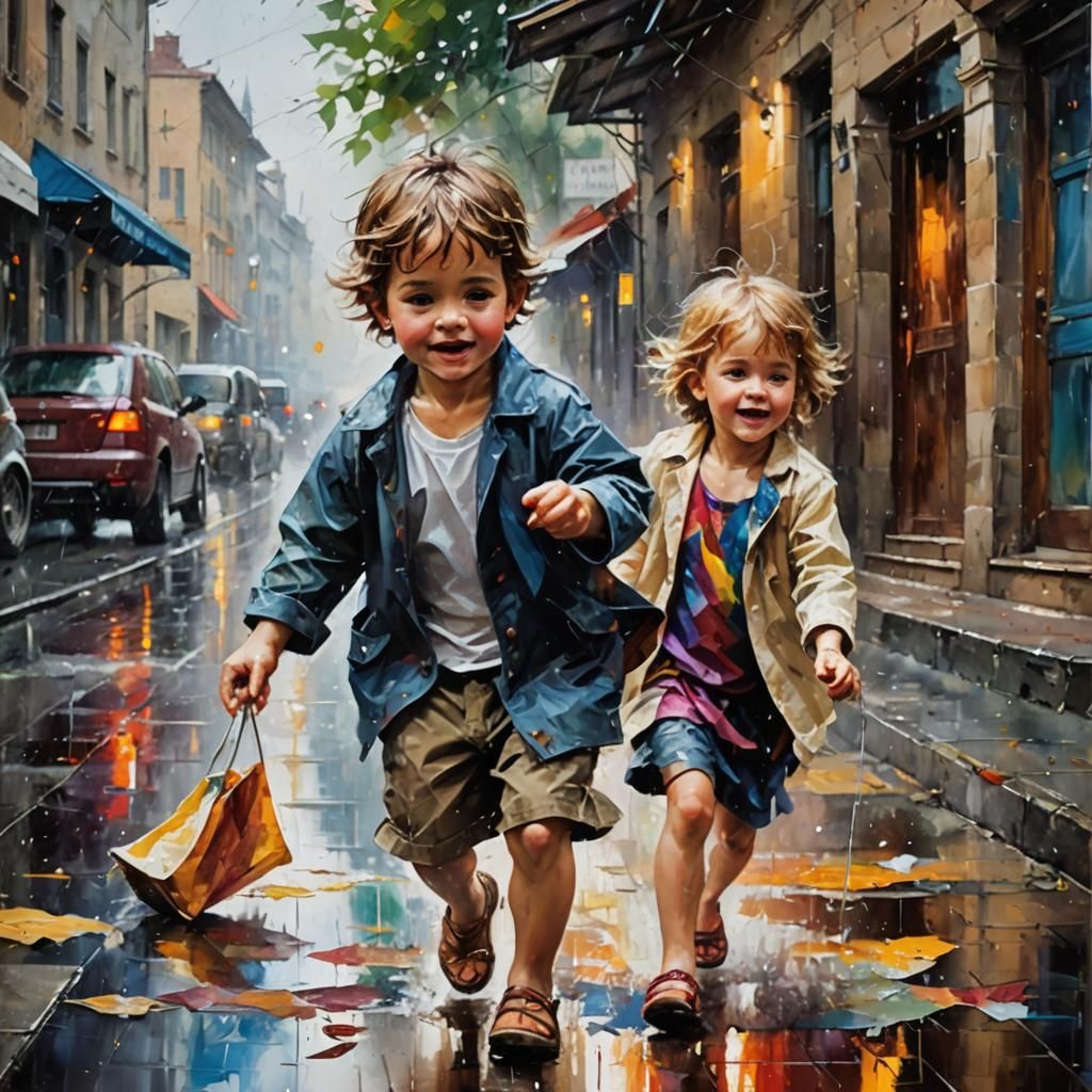 Happy Child Plays in Rainy Fine Art Photo
