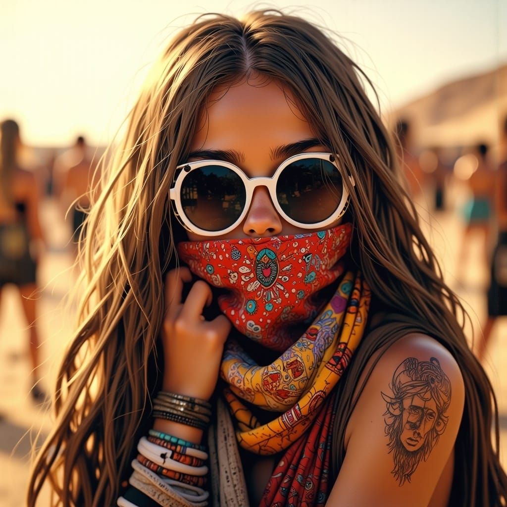 Girl in Scarf at Burning Man Festival: Hyperrealistic Portra...