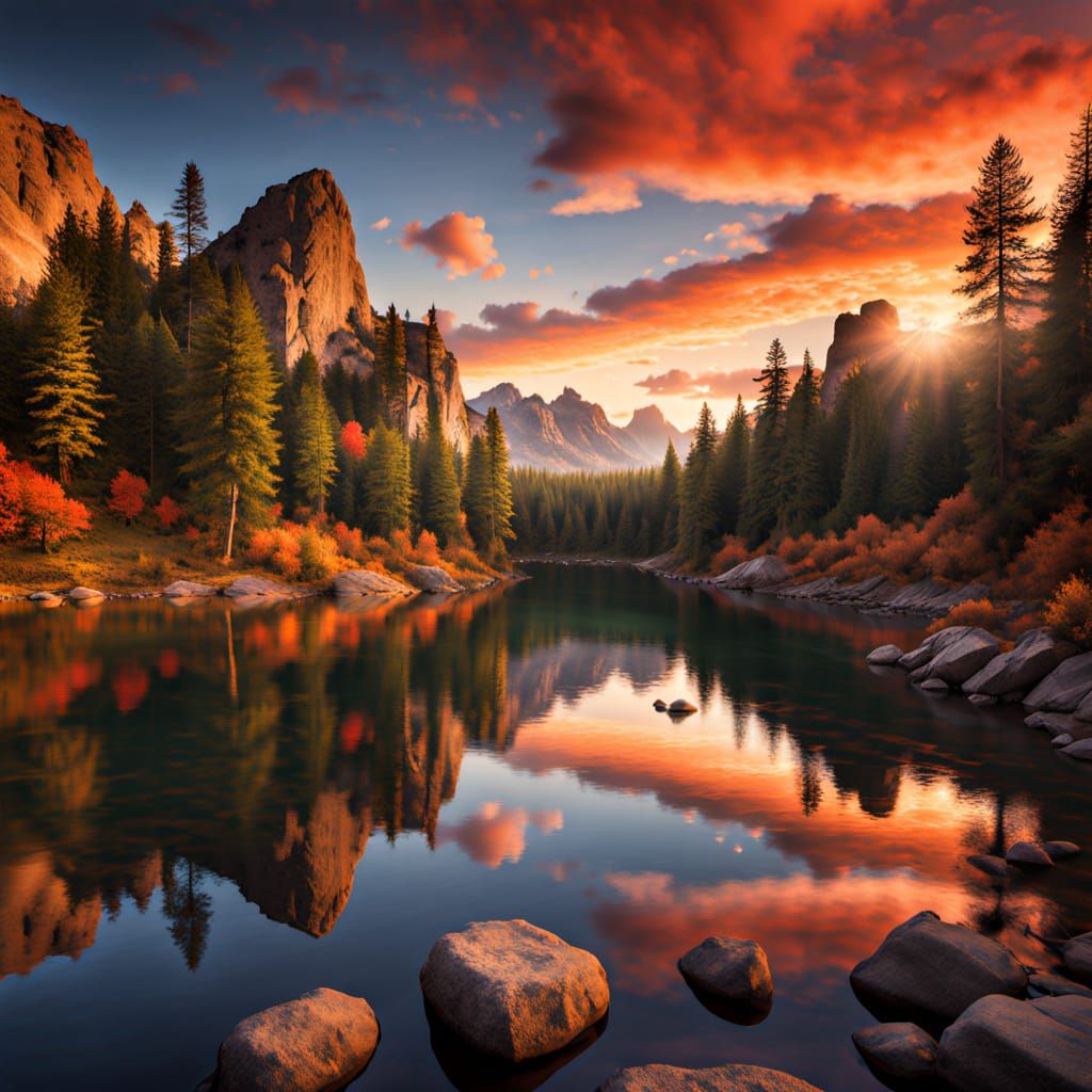 Serene Forest Lake Sunset with Dramatic Clouds