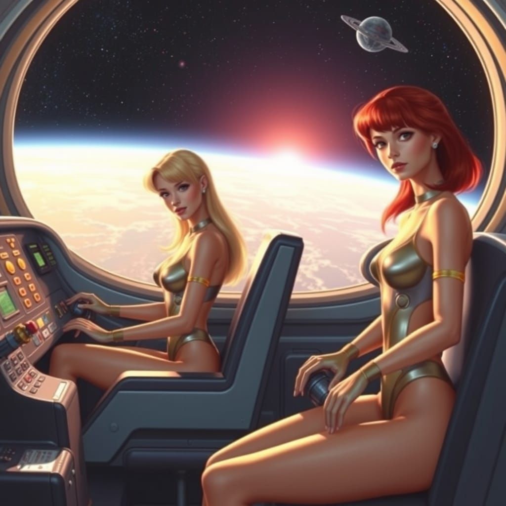 Space Girls Pilot Spaceship in Retro-Futuristic Style