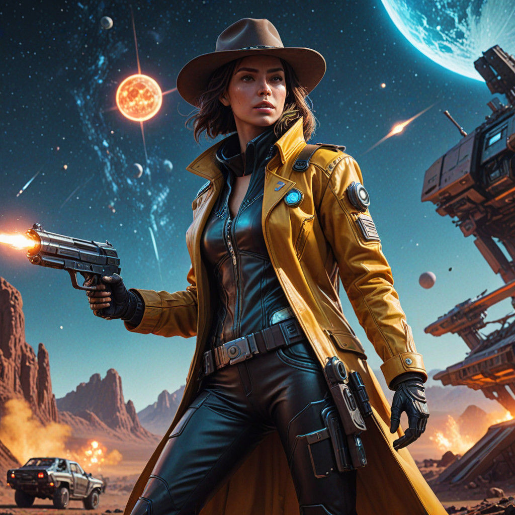 Space Cowboy in Action Pose, Firing Laser Pistol on Alien Pl...