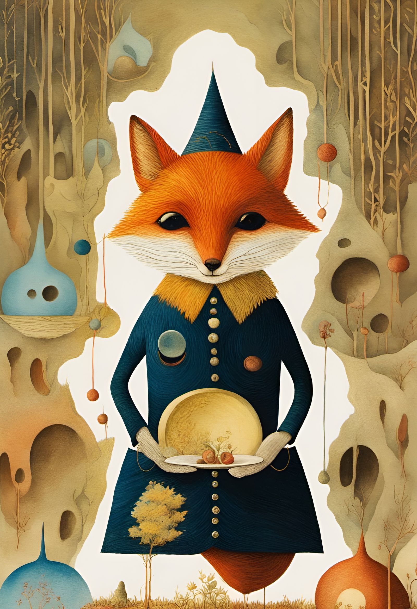Surrealist fox with plate.