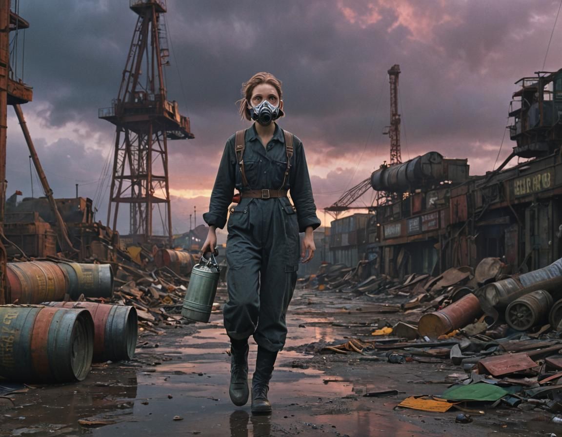 Dieselpunk Girl in Industrial Port at Sunset