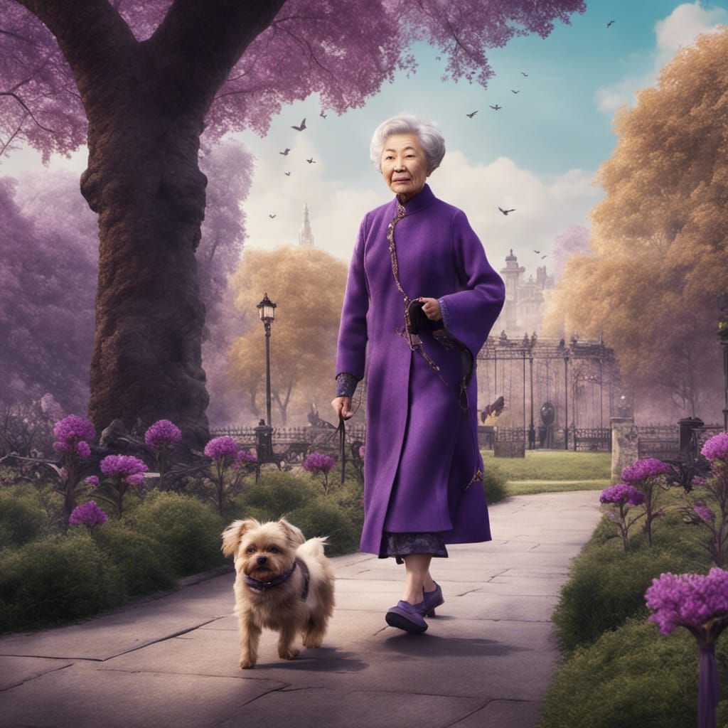 Chinese Lady Walking Dog in London Park