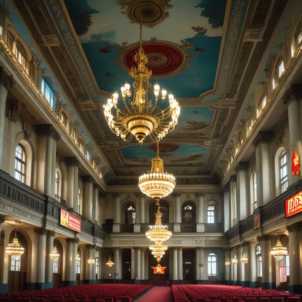 Soviet City Hall Interior with Communist Posters