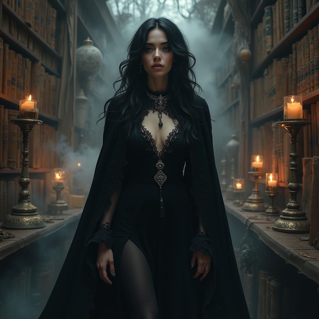 Confident Goth Witch in Mysterious Apothecary Setting