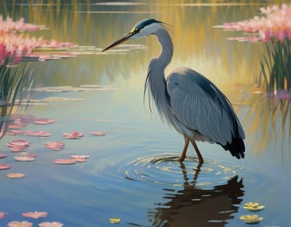 Heron in Pond at Golden Hour, Impressionist Painting