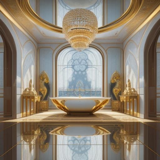 Ethereal Luxury: Ornate Bowl Sits atop a Distorted, Mirrored...