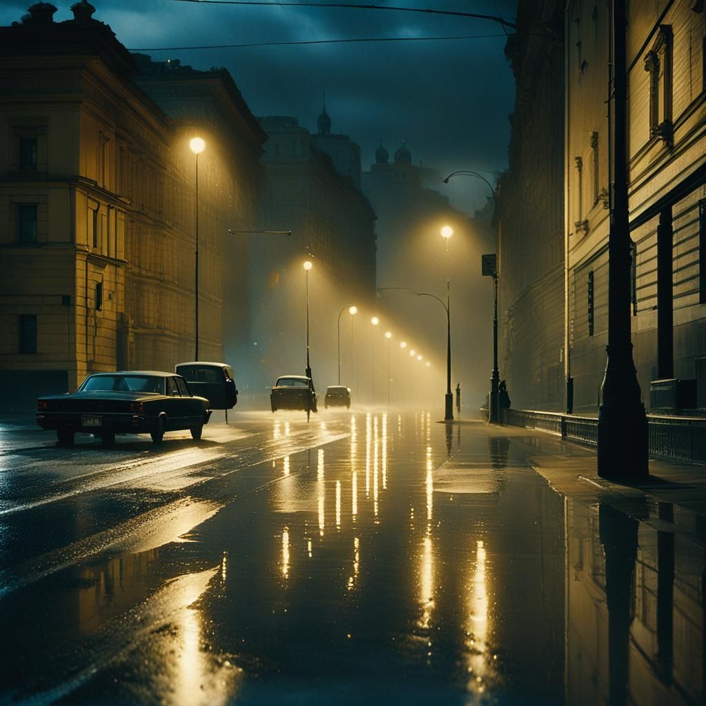 Rainy Moscow Streets in Cinematic Style