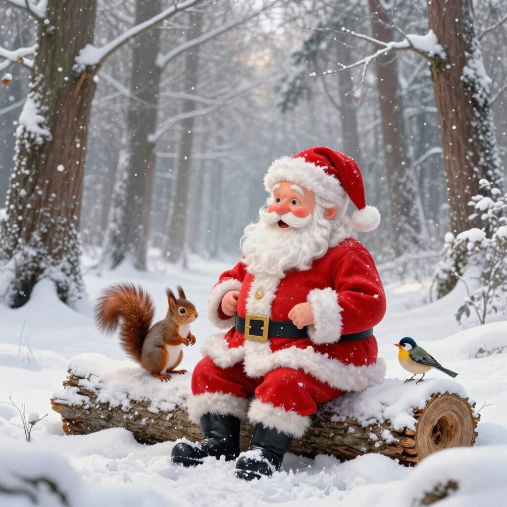Santa Claus in Winter Forest with Squirrel and Birds