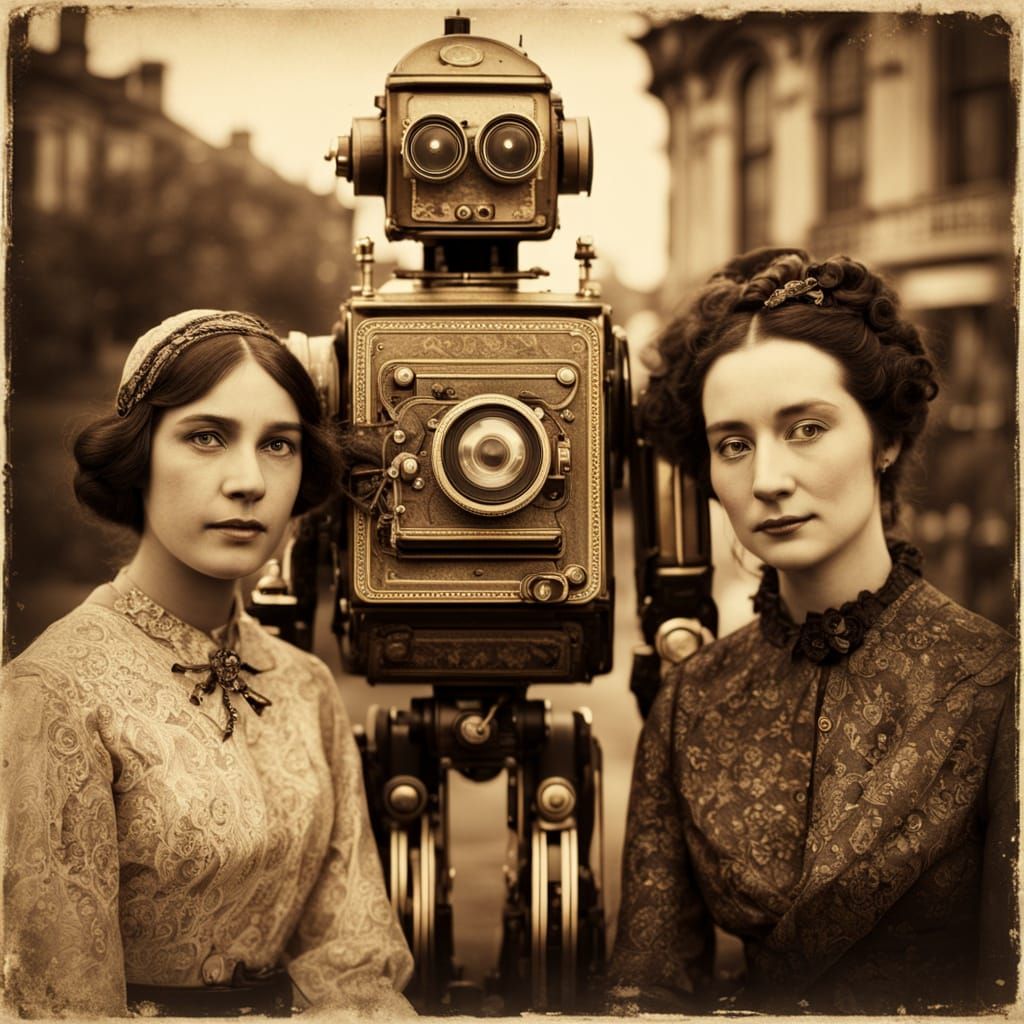 Vintage Robot Scene in Sepia Tones