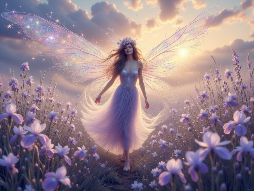 An ethereal, translucent woman with iridescent wings walks through a field of blooming irises under a twil...