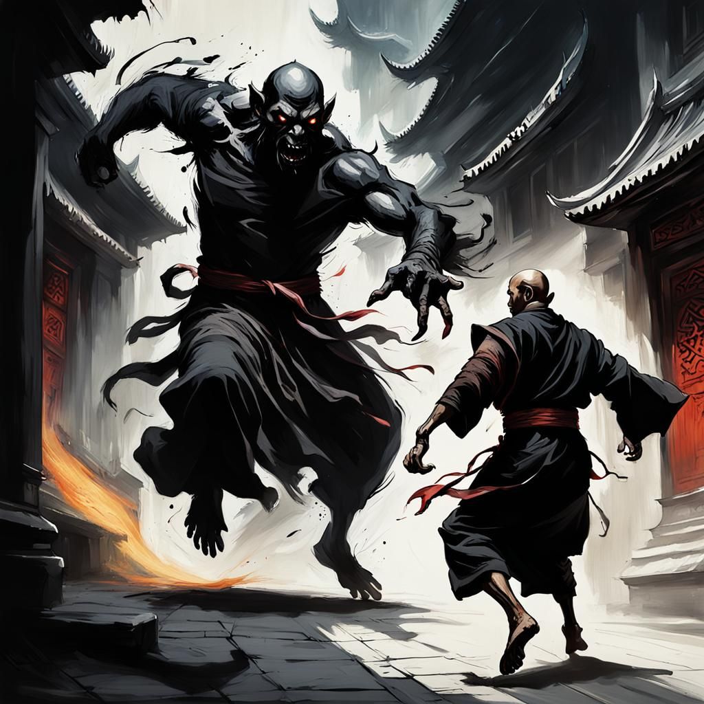 Demonic Shadow Chasing Monk in Fantasy Action Painting