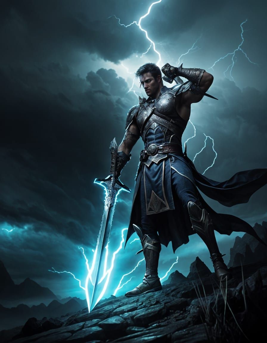 Epic Warrior with Lightning Sword in Stormy Skies