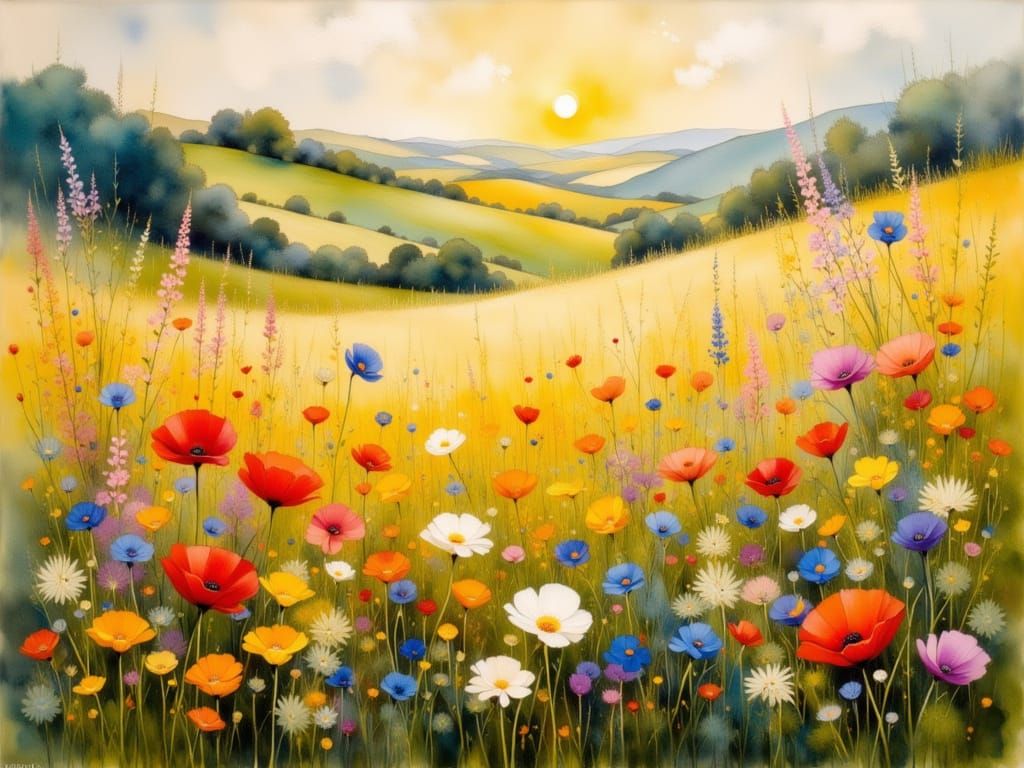 Wildflower Meadow at Golden Hour in Expressive Painterly Sty...
