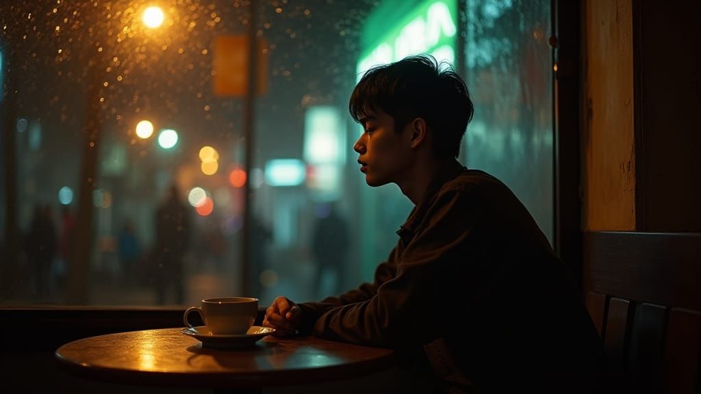 Man Reflects in Moody Cafe, Rainy Night